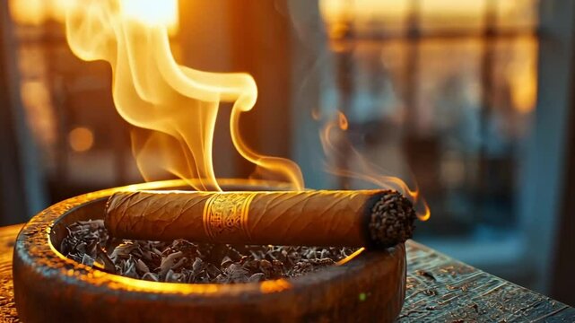 Cigar smoking, golden hues, sunset, ashtray, close-up. Possible use Stock photo