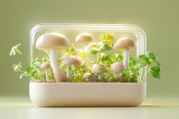 A clean illustration of a mushroom growing kit with a single mushroom sprouting, designed in muted green and beige tones