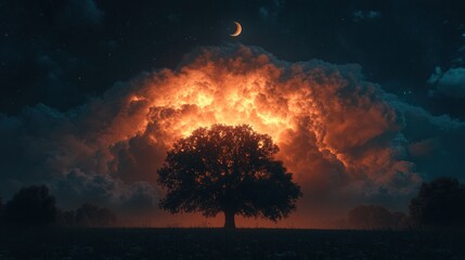 Fototapeta premium Night sky, fiery clouds, lone tree