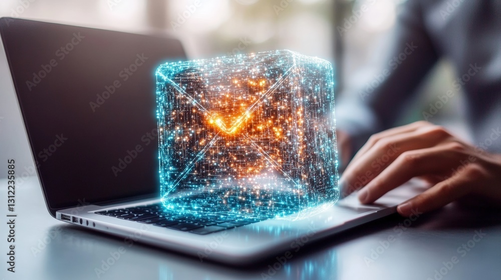 Poster person utilizing laptop with an eye-catching glowing cube displayed on the screen in a modern settin