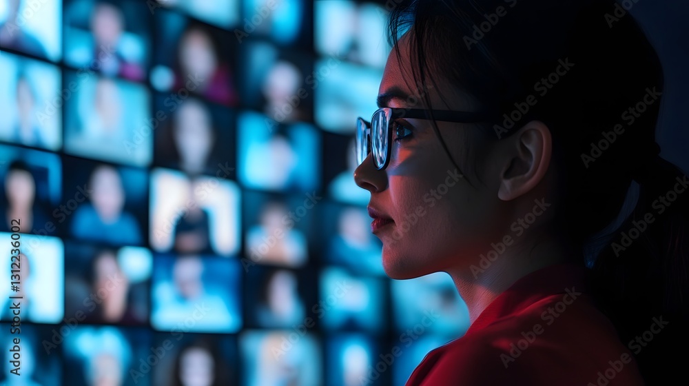 Poster diverse participants engaged in a global language exchange program via digital screen