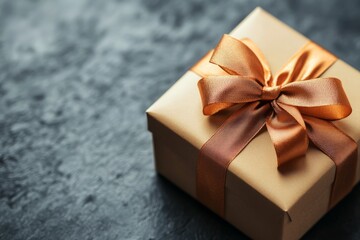 Obraz premium Brown box with a gold ribbon on top. The box is sitting on a black surface. The ribbon is tied in a bow
