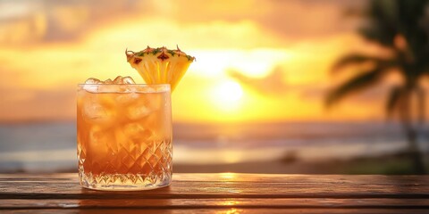 Mai tai in a tiki glass with pineapple slices on a blurred Hawaiian sunset
