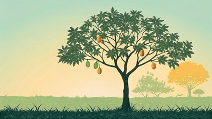 A lush pawpaw tree laden with ripe, golden-hued fruit stands tall against a serene, gradient sunset backdrop, showcasing the beauty of natures bounty.