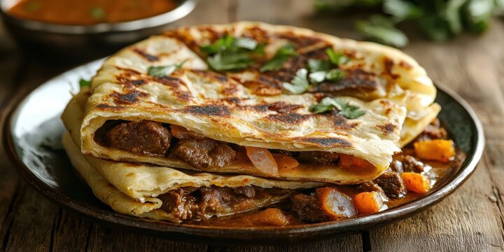 Malabar parotta, flaky layered Indian bread served with spicy beef curry