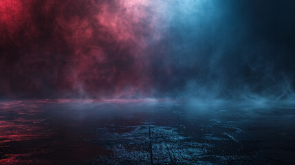 Obraz premium Dark empty space with blue and red neon spotlights, wet asphalt, smoke, and industrial rays. An abstract dark texture with copy space for mockup design.