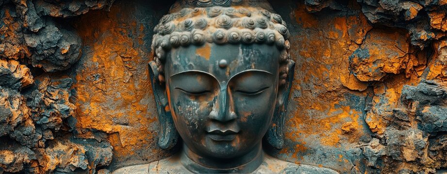Serene Buddha Statue Against Weathered Rock Face