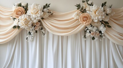 Decorative floral arrangement with drapes adorning an elegant backdrop