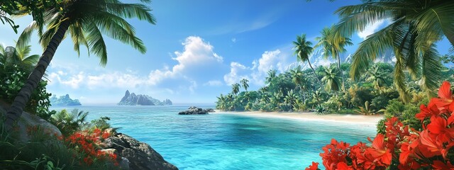 Une île paradisiaque en vue panoramique avec une mer turquoise, une plage de sable, des palmiers et des fleurs rouges, ciel bleu avec nuages en arrière-plan.