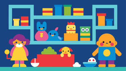 Toys Section A colorful corner filled with toy shelves overflowing with stuffed animals action figures and board games enticing young shoppers.