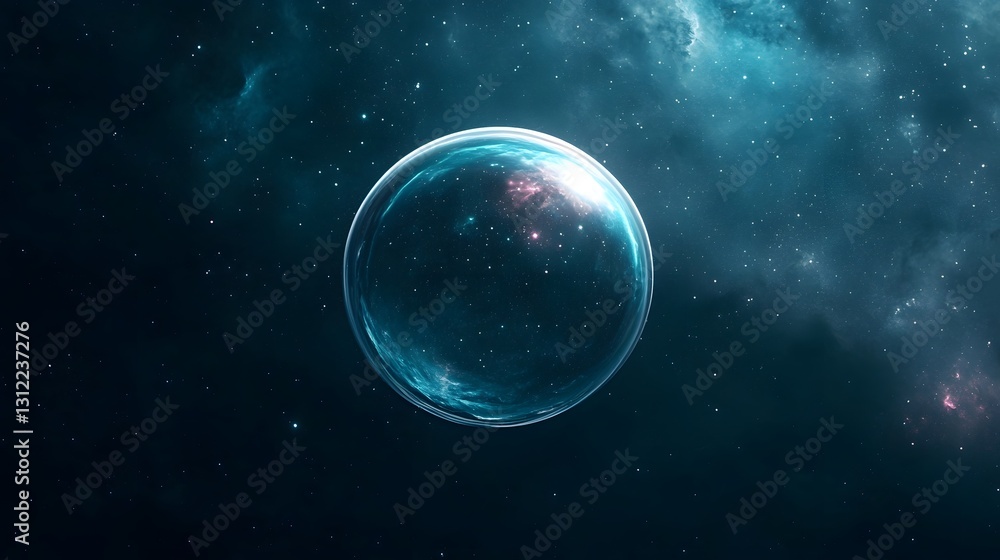Poster glowing cosmic bubble floating in ethereal space with galaxy and nebula reflections