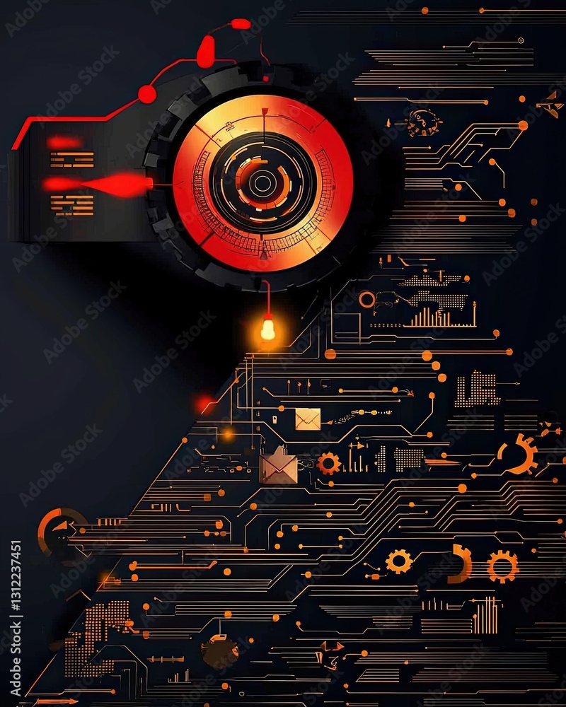 Poster futuristic abstract technology background with gear and circuit patterns in dark colors