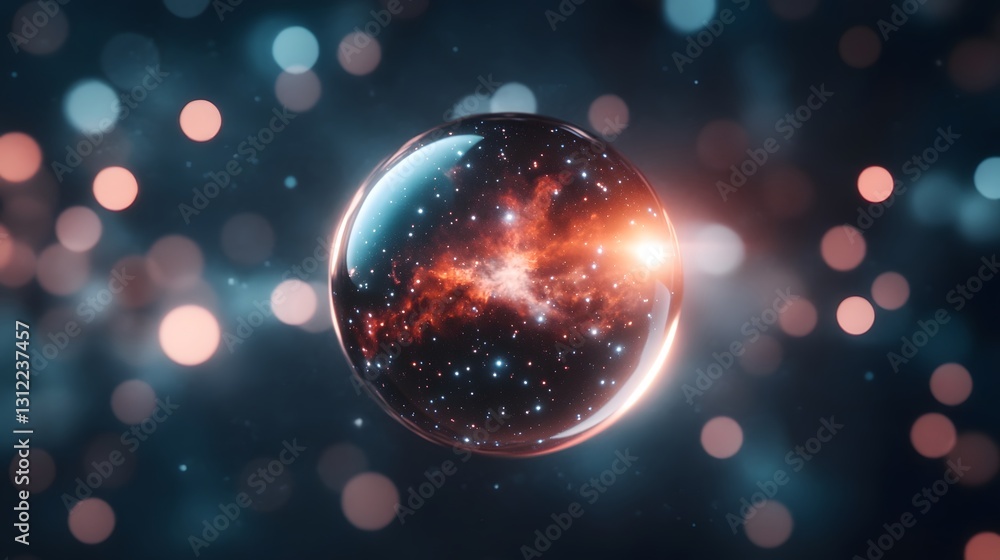 Poster glowing barrier bubble floating in space with cosmic reflection