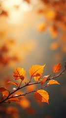 Obraz premium Golden autumn leaves on a branch illuminated by warm sunlight, capturing the beauty of the fall season