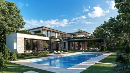 A modern house with a pool surrounded by natural landscaping