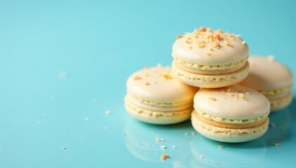 Fototapeta premium Delicate coconut macarons on soft blue background, blue, sweet treats, creamy