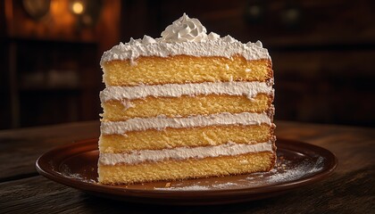 Cake slice on a plate indoors, decorated with frosting