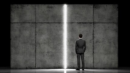 Businessman in Suit Facing Mysterious Doorway of Light in Concrete Wall Interior Space