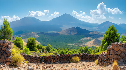 Panoramic view of volcanic mountains, hills, and dry vegetation with stone walls in foreground under a bright sunny sky.