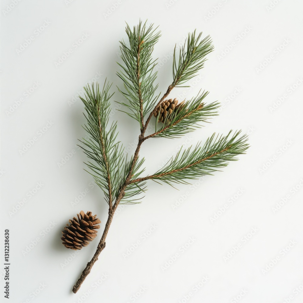 Poster pine tree branch with two pine cones on it. the pine cones are positioned at the top and bottom of t