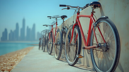 Fototapeta premium Parked Bikes, Coastal Promenade, Cityscape View