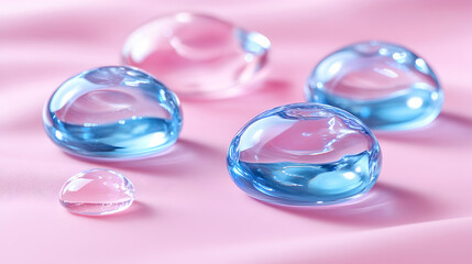 Fototapeta premium Pink Surface, Clear Blue Water Droplets