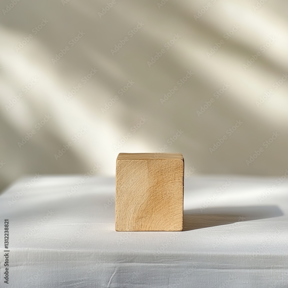 Poster a simple wooden cube on a white surface, casting soft shadows. ideal for minimalist and modern desig