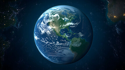 Obraz premium Planet Earth viewed from space, showing North and South America, clouds, and city lights.