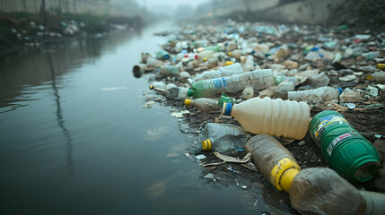 Fototapeta premium Plastic pollution in a waterway.