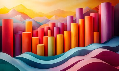 Obraz premium Abstract Colorful Cylinders and Waves with Mountain Backdrop Vibrant Art