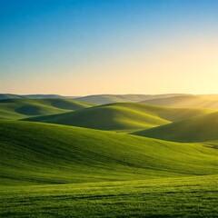 Obraz premium Golden Sunlight Illuminating Rolling Green Hills Under a Clear Blue Sky