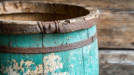 A weathered wooden barrel with a rusted metal band and peeling paint.