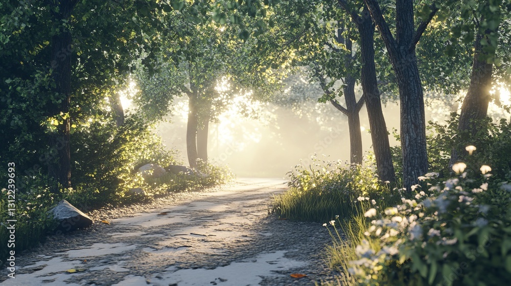 Aufkleber sunlit forest path surrounded by lush greenery, creating a serene and tranquil natural setting.