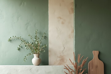 simple vase with green branches sits on a shelf against a two-toned wall