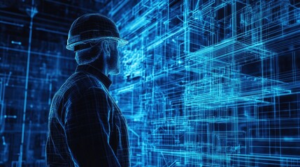 Digital Architect, Construction Worker Immersed in a 3D Building Blueprint