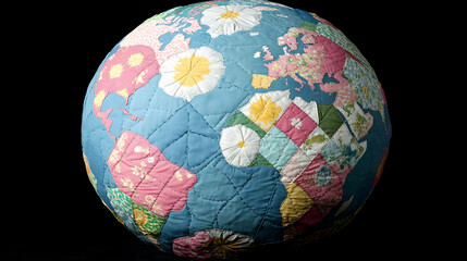 Patchwork quilt globe, floral patterns, world map.