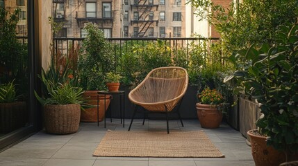 Fototapeta premium Serene Rooftop Oasis Balcony Design Ideas with Lush Greenery and Wicker Chair