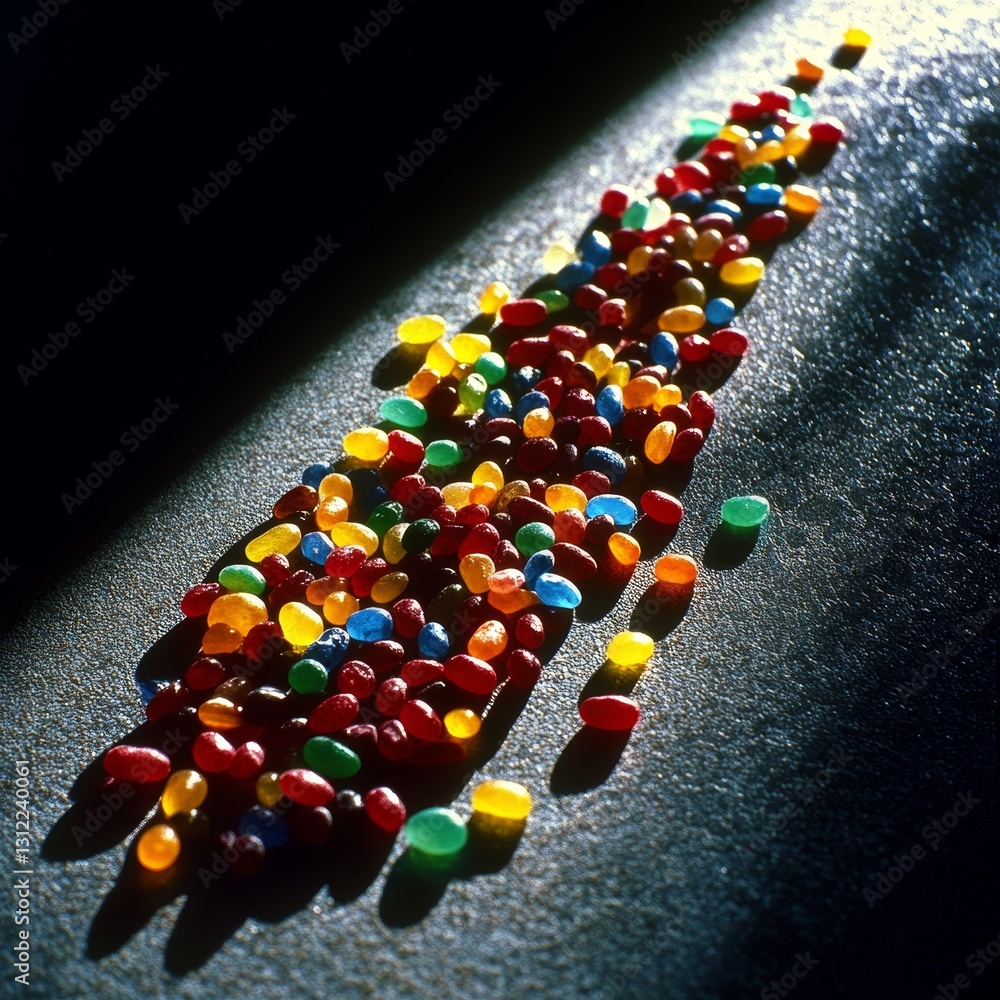 Poster a vibrant array of colorful candy sprinkles scattered on a dark surface, illuminated by gentle light