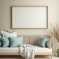 light wooden daybed with teal cushions and a blank canvas in a calm living room