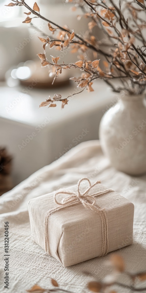 Poster white box with a ribbon tied around it sits on a table next to a vase of flowers. concept of warmth 
