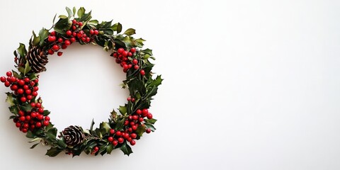 Wreath of red berries and pine cones is displayed on a white background. The wreath is a symbol of the holiday season