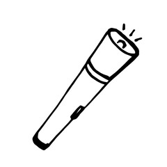 Flashlight isolated on white background. Black and white outline doodle illustration of portable lighting device.