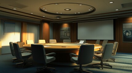 Conference room with round table and chairs, ready for business meetings