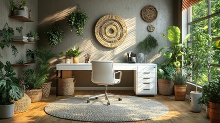 A bright office room full of green plants and daylight