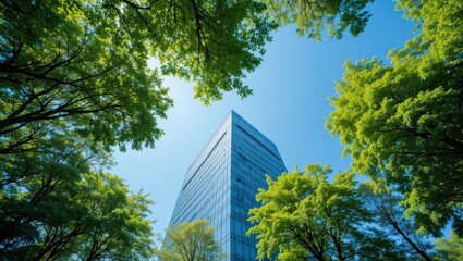 Contemporary Skyscraper Ascending Among Lush Green Trees Under Clear Blue Sky