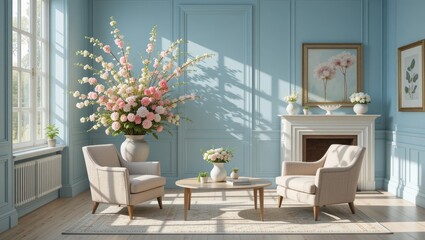 Elegant Living Room with Floral Arrangements and Comfortable Furniture in Soft Blue Tones