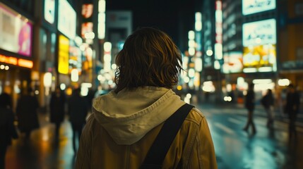 Obraz premium Person standing on vibrant illuminated city street at night.