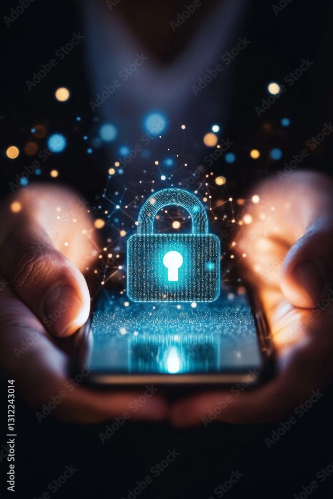 Poster hands holding smartphone with glowing blue padlock and network effect creating futuristic and techno