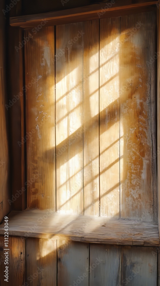 Poster sunlight creates geometric patterns on a rustic wooden wall, adding warmth and texture to a cozy int