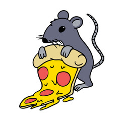 Vector Illustration of a Cartoon Rat Holding a Slice of Pizza